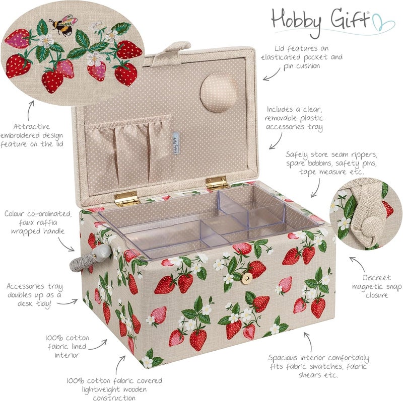 Hobby Gift صندوق تخزين متوسط للحرف والهوايات، صينية ملحقات، وسادة دبابيس، جيوب، 10 x 7.3 x 5.7" - فراولة - Image 3